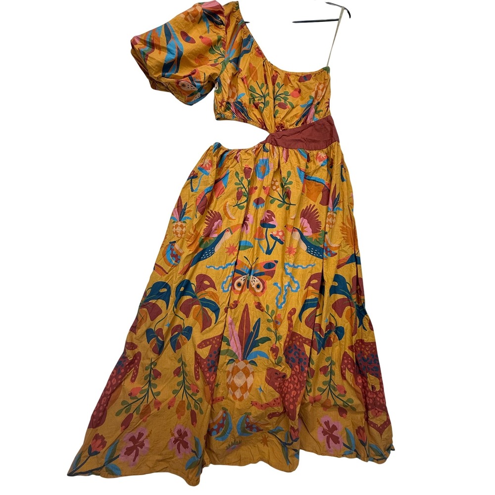 Farm Rio Anthropologie Maxi Dress One Shoulder Cut Out Floral Print L